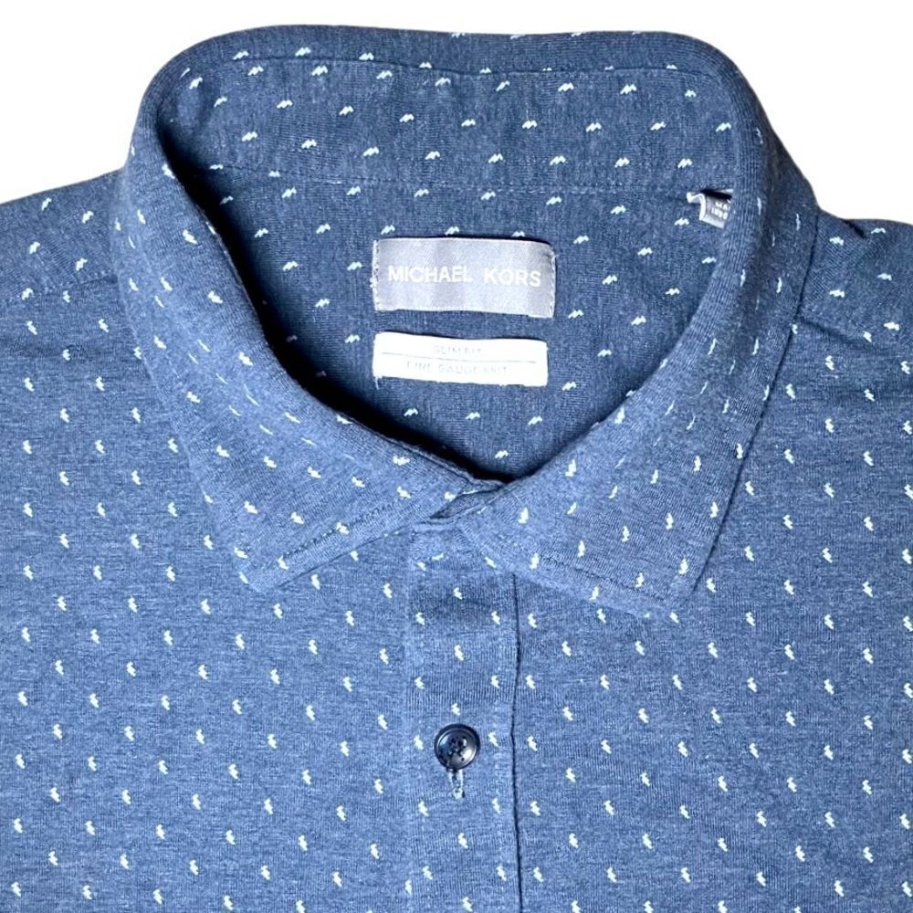 Michael Kors Slim Fit Fine Gauge Knit Pindot Shirt in Muted Blue/White Men’s L